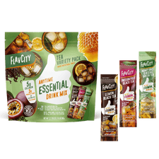 The Hydration Essentials Bundle from Shop FlavCity offers four delicious tea flavors in single-serve sticks—perfect for hydrating on the go with added collagen and electrolytes.