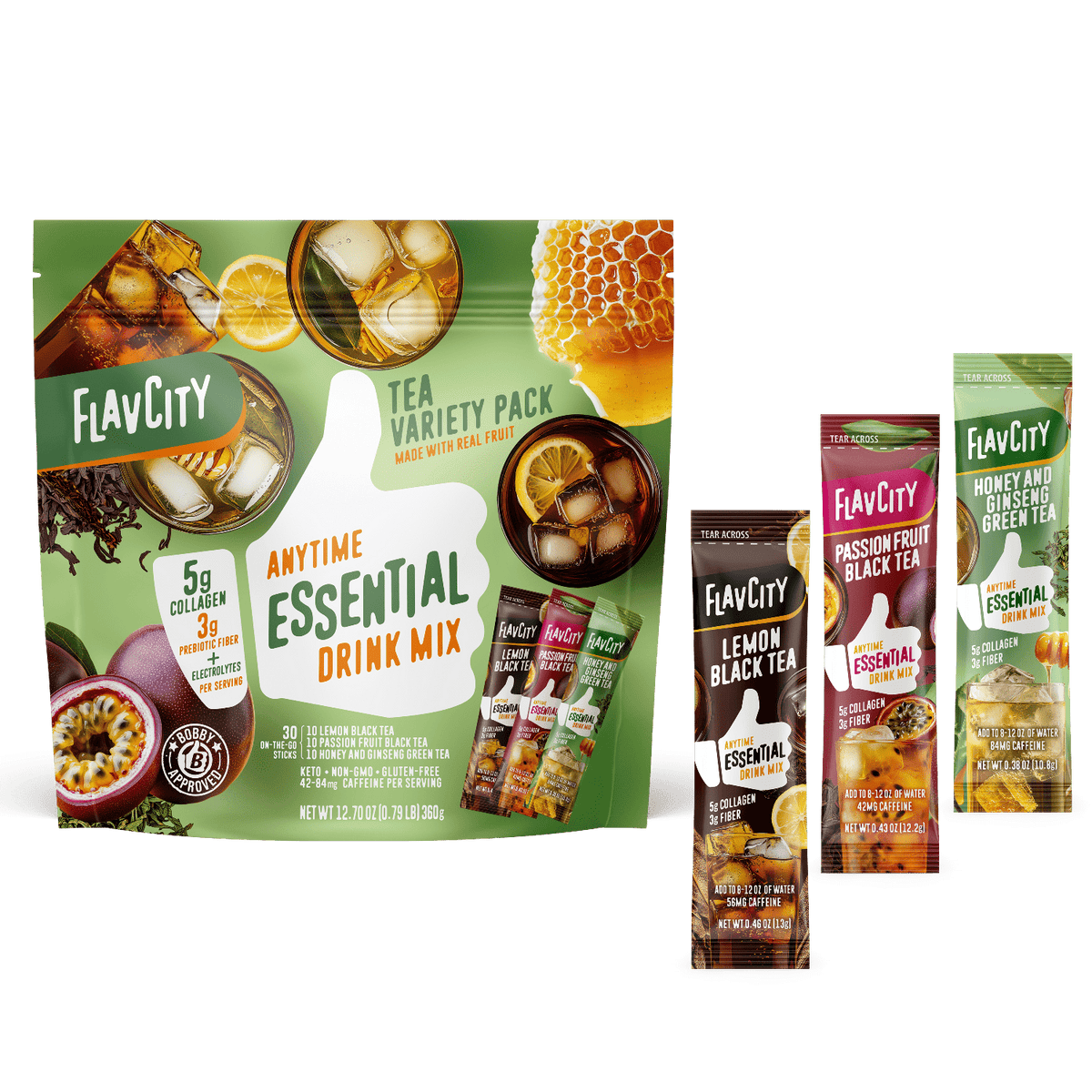 The Hydration Essentials Bundle from Shop FlavCity offers four delicious tea flavors in single-serve sticks—perfect for hydrating on the go with added collagen and electrolytes.