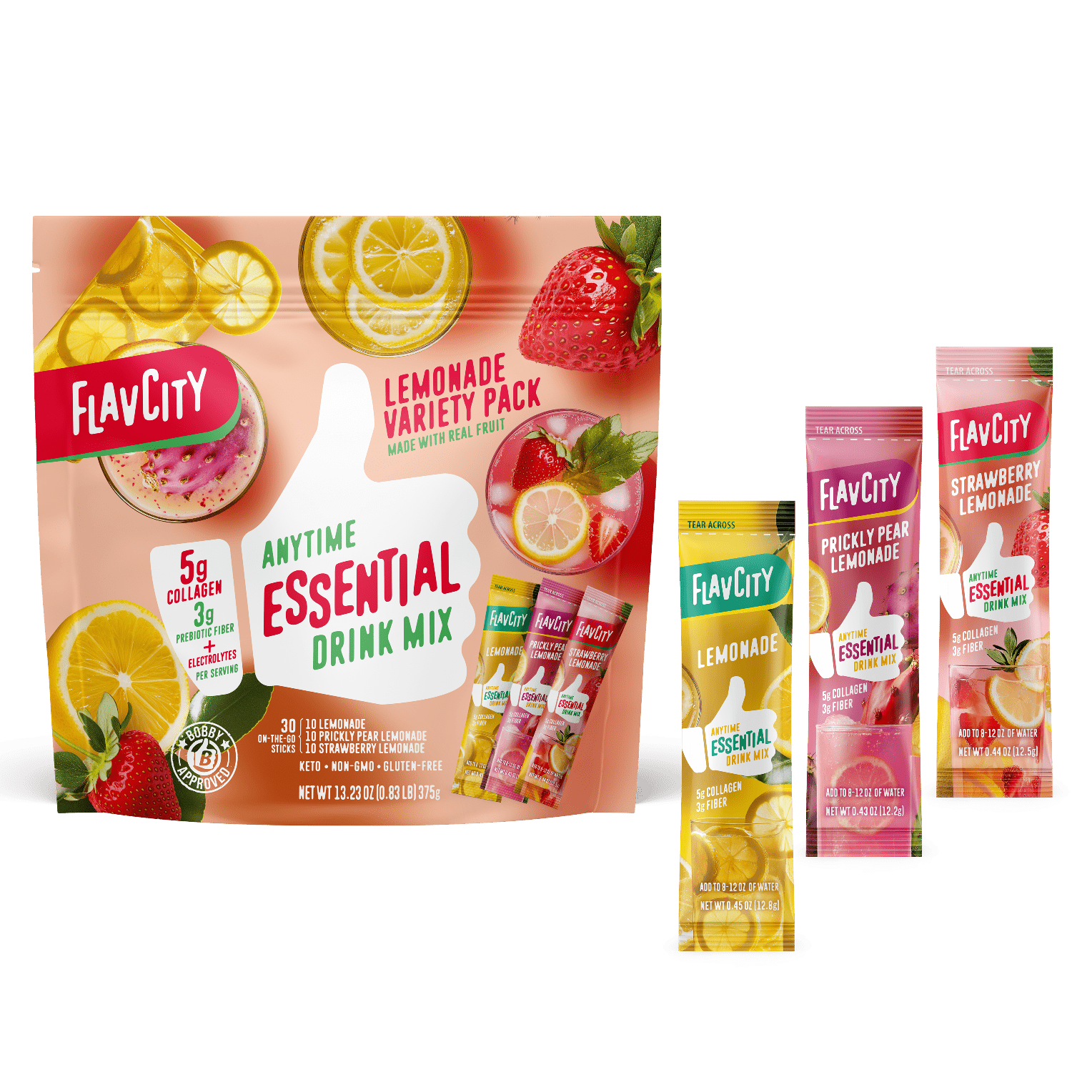 A Shop FlavCity Hydration Essentials Bundle with collagen and electrolytes includes three stick packs—lemonade, prickly pear lemonade, and strawberry lemonade—displayed upright beside the main pouch.