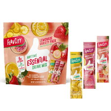 A Shop FlavCity Hydration Essentials Bundle with collagen and electrolytes includes three stick packs—lemonade, prickly pear lemonade, and strawberry lemonade—displayed upright beside the main pouch.