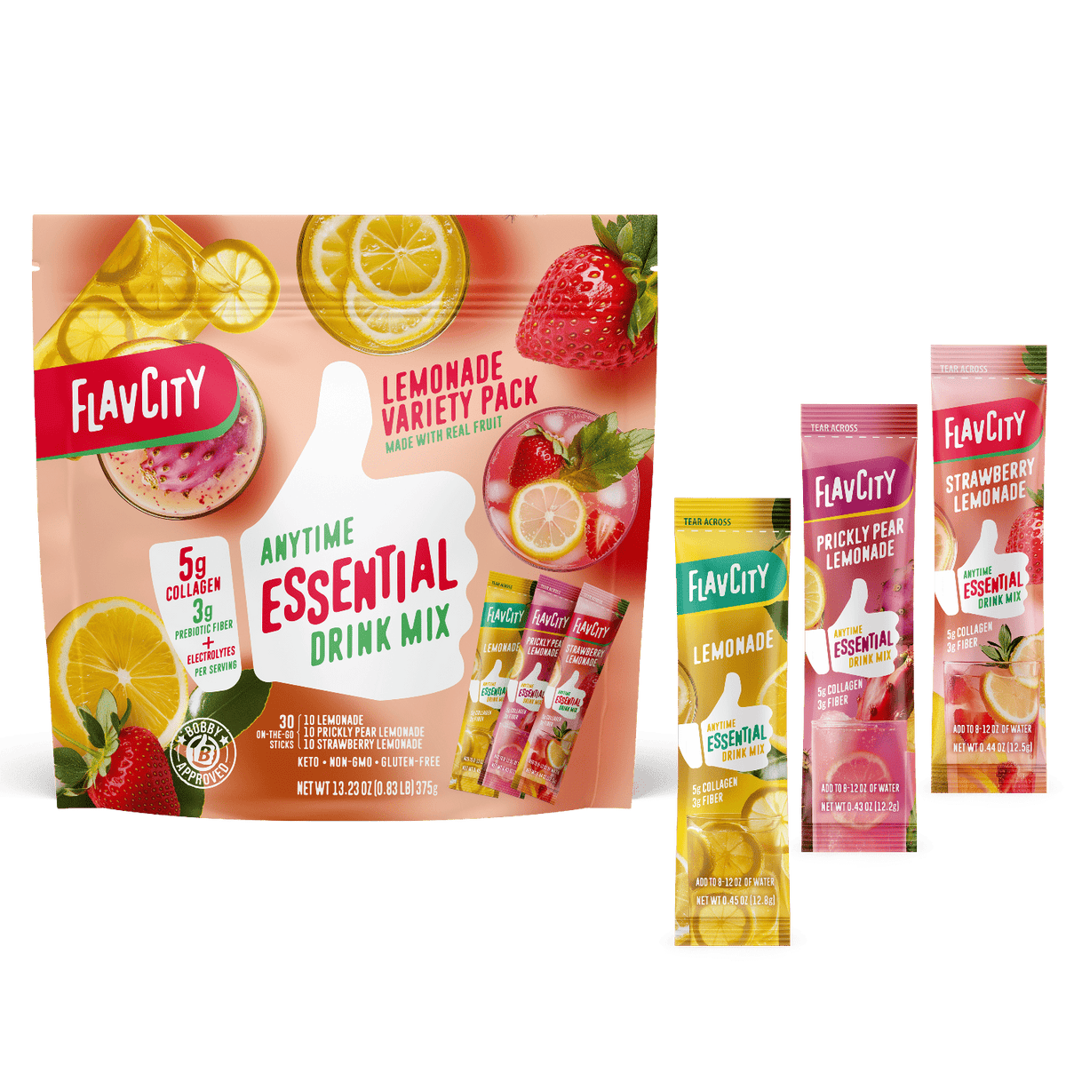 A Shop FlavCity Hydration Essentials Bundle with collagen and electrolytes includes three stick packs—lemonade, prickly pear lemonade, and strawberry lemonade—displayed upright beside the main pouch.