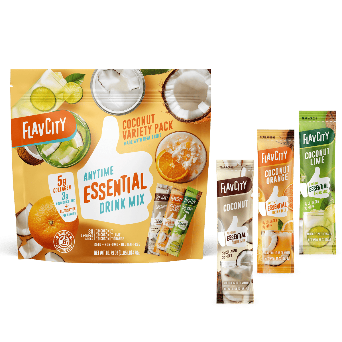 FlavCity Anytime Essentials coconut drink mix packages on a white background