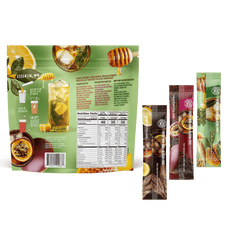 The Shop FlavCity Hydration Essentials Bundle features a green package with honey, lemon, and passionfruit graphics, nutrition facts, and four flavor drink mix packets—your daily electrolyte variety pack for wellness.