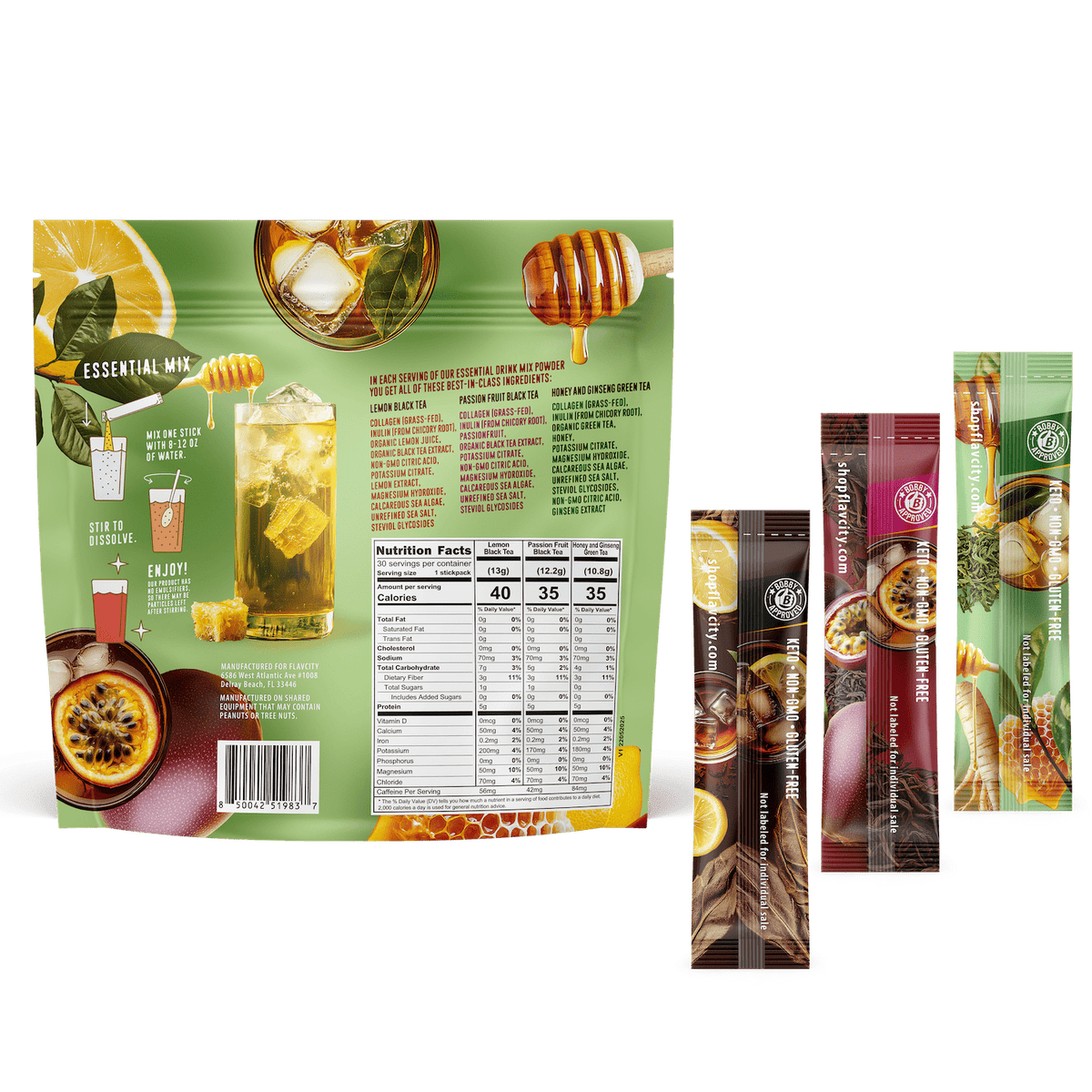 The Shop FlavCity Hydration Essentials Bundle features a green package with honey, lemon, and passionfruit graphics, nutrition facts, and four flavor drink mix packets—your daily electrolyte variety pack for wellness.