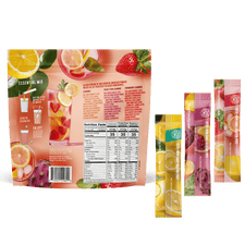 The Hydration Essentials Bundle from Shop FlavCity features a colorful package with images of assorted fruits. The back displays nutrition facts, prep instructions, and four electrolyte variety stick packs in multiple fruit flavors.