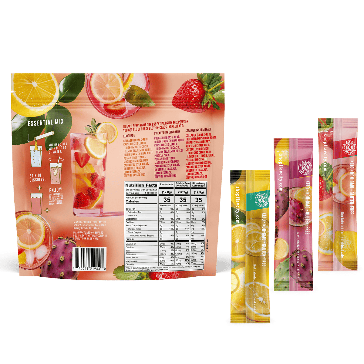 The Hydration Essentials Bundle from Shop FlavCity features a colorful package with images of assorted fruits. The back displays nutrition facts, prep instructions, and four electrolyte variety stick packs in multiple fruit flavors.