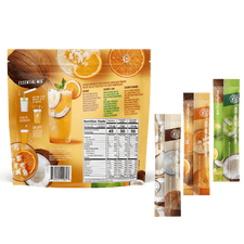 A vibrant Hydration Essentials Bundle by Shop FlavCity features a glass of orange drink with ice, orange slices, and coconut pieces, alongside four vertically arranged single-serve electrolyte sticks in assorted flavors.