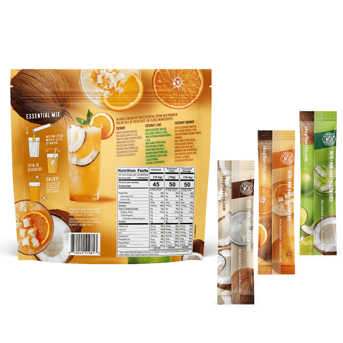 A vibrant Hydration Essentials Bundle by Shop FlavCity features a glass of orange drink with ice, orange slices, and coconut pieces, alongside four vertically arranged single-serve electrolyte sticks in assorted flavors.