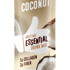 FlavCity Anytime Essentials Coconut drink mix package with a glass of coconut milk.