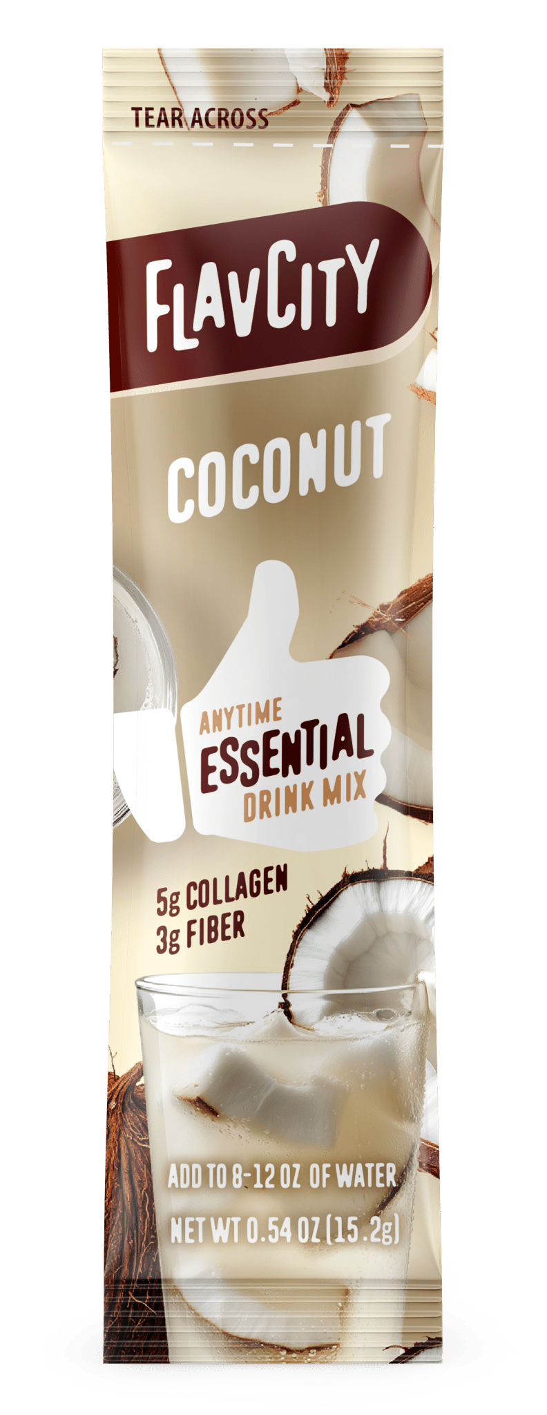 FlavCity Anytime Essentials Coconut drink mix package with a glass of coconut milk.