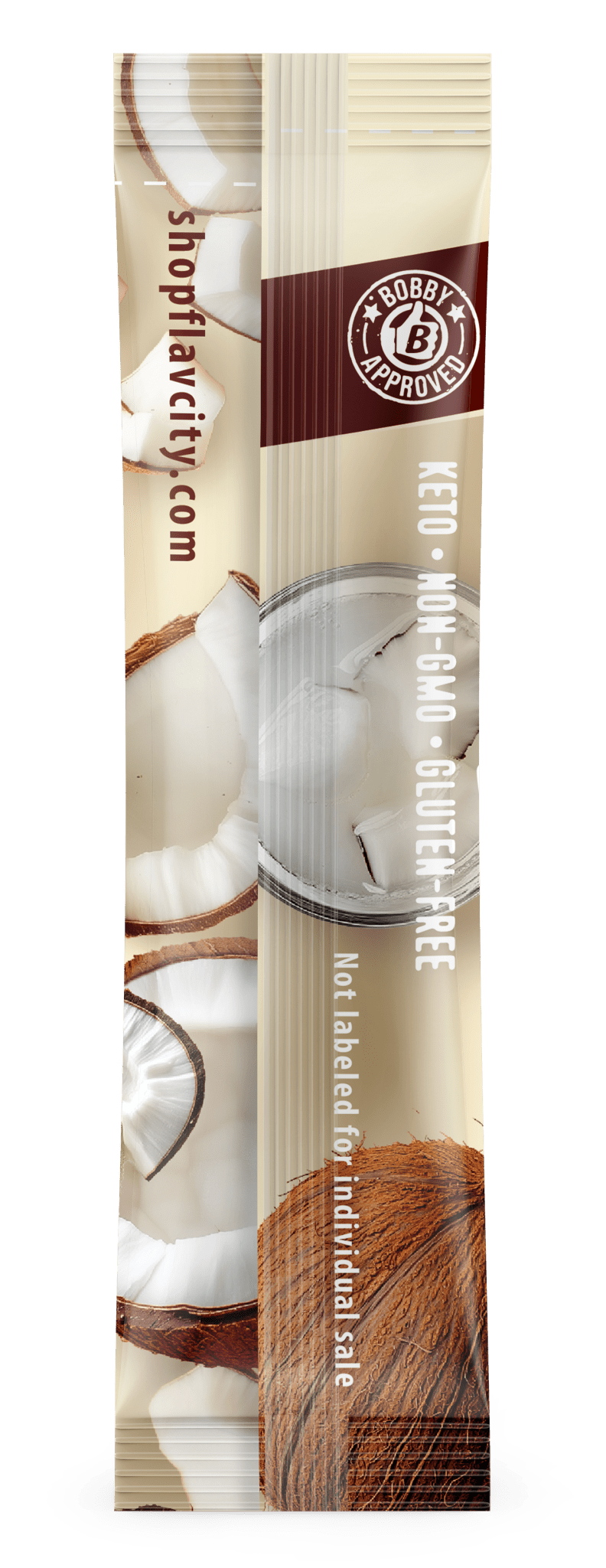 FlavCity Anytime Essentials  Coconut protein powder package with branding and product details.