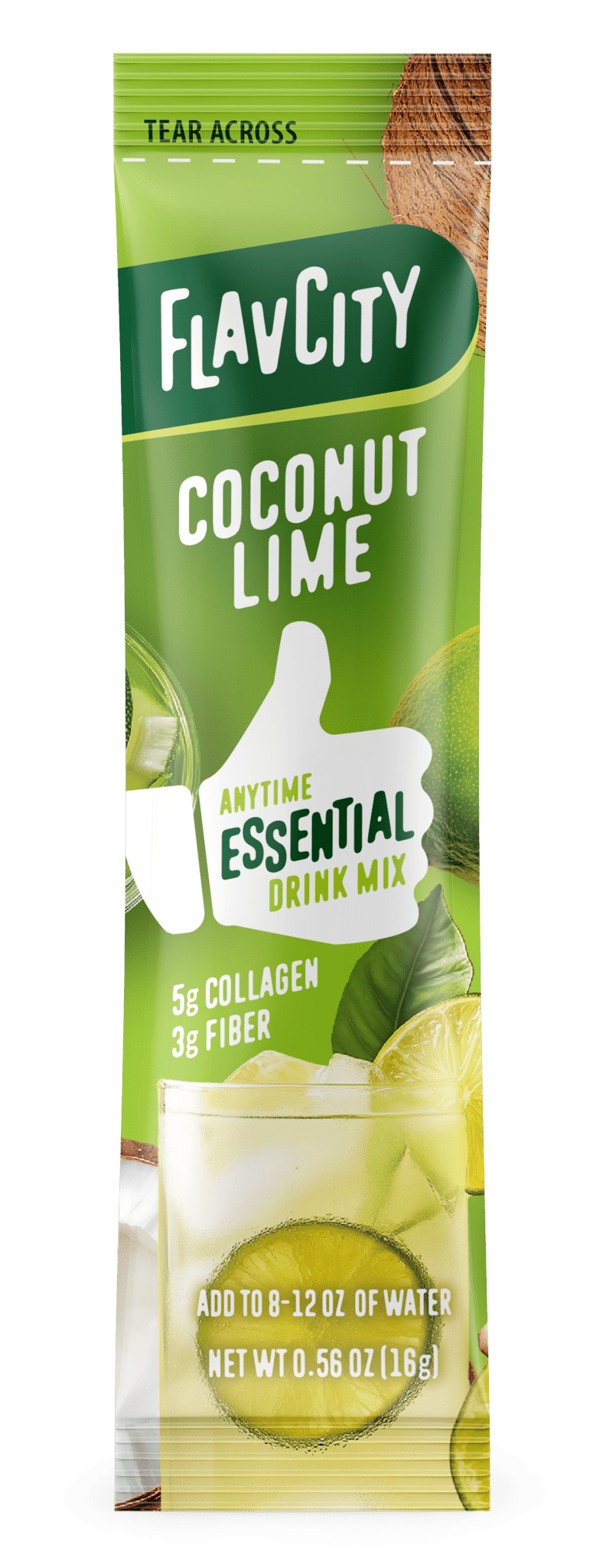 FlavCity Anytime Essentials Coconut Lime drink mix package on a white background