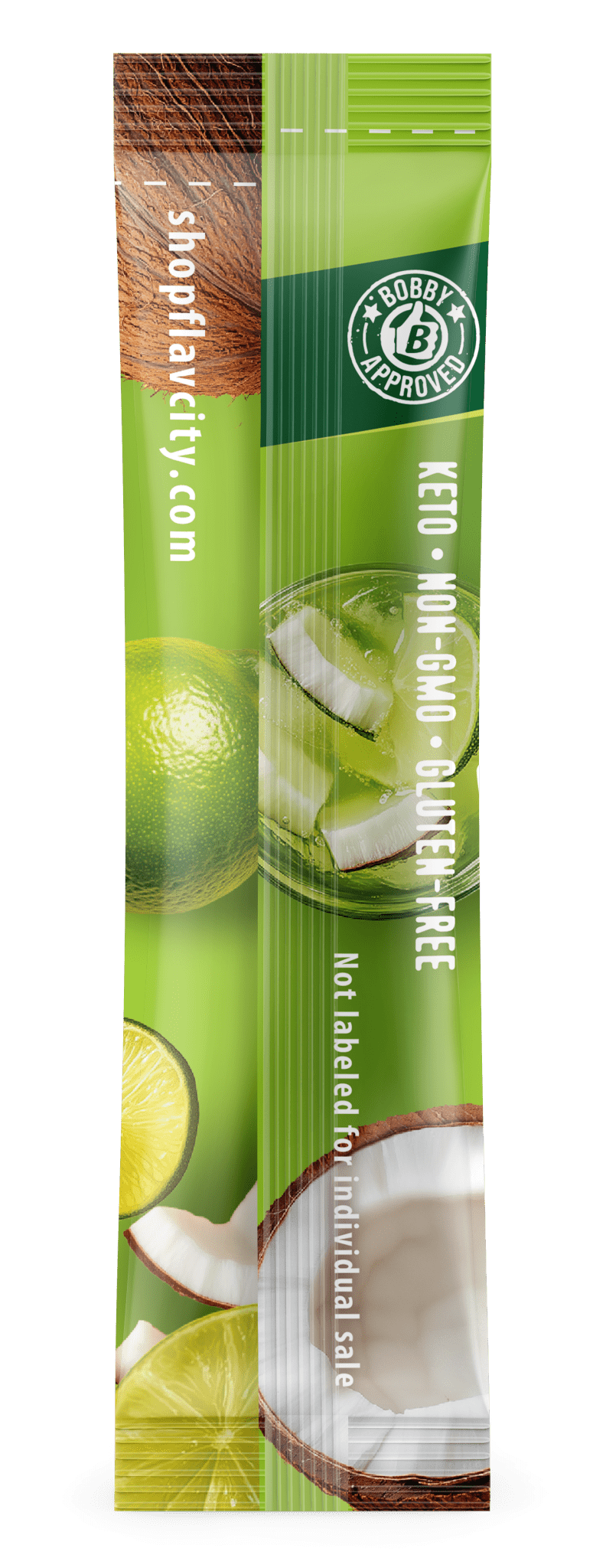 FlavCity Anytime Essentials keto, non-gmo, gluten-free product packaging with lime and coconut imagery.