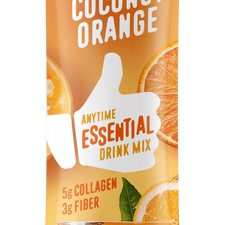 FlavCity Anytime Essentials Coconut Orange drink mix package with a white background
