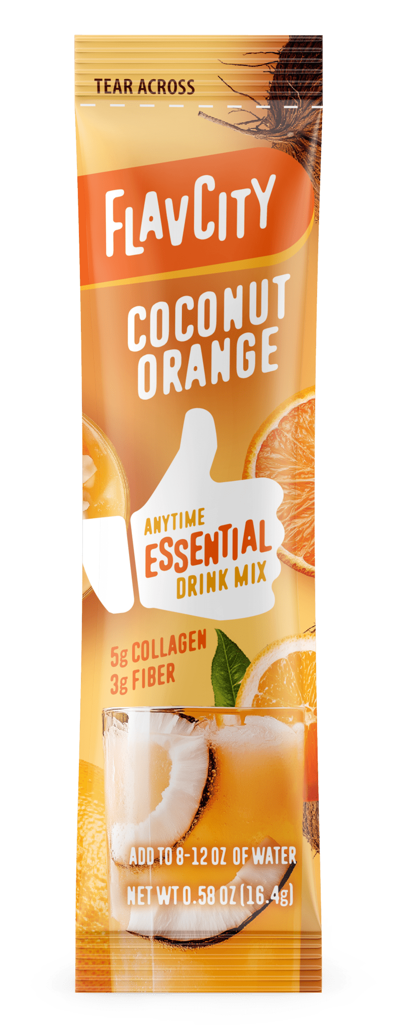FlavCity Anytime Essentials Coconut Orange drink mix package with a white background