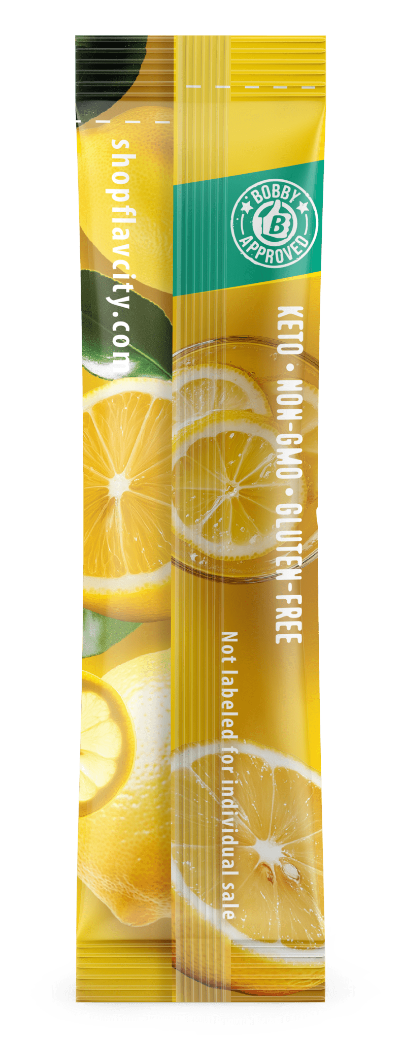 Back view of FlavCity Anytime Essentials Drink Mix Lemonade package, showing nutrition facts, ingredients, and preparation instructions on a bright yellow background.