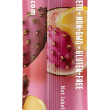 Back view of FlavCity Anytime Essentials Drink Mix Lemonade with Prickly Pear package, featuring detailed nutrition facts, ingredients list, preparation instructions, and product branding on a bright, colorful background.