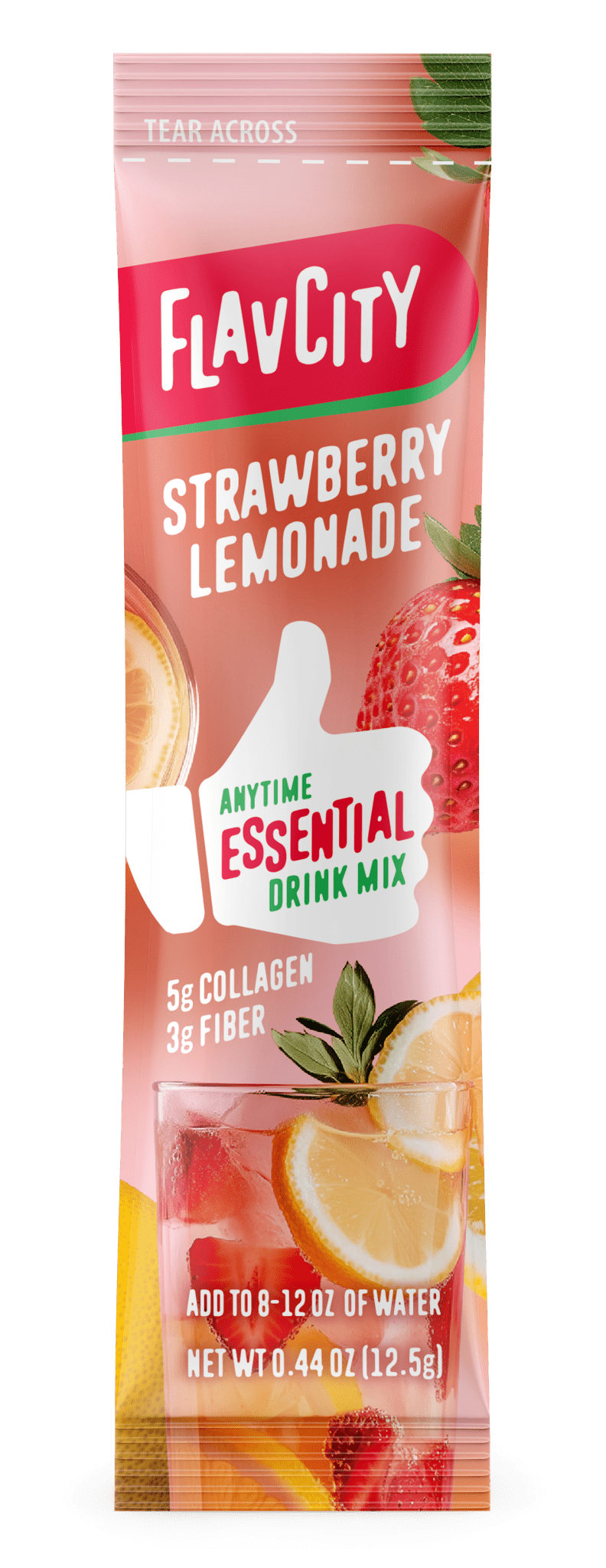 Front view of FlavCity Anytime Essentials Drink Mix Strawberry package with bold branding, flavor name, and colorful fruit graphics on a red background.