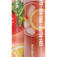 Back view of FlavCity Anytime Essentials Drink Mix Strawberry package, featuring nutrition facts, ingredients list, and preparation instructions on a vibrant red background.