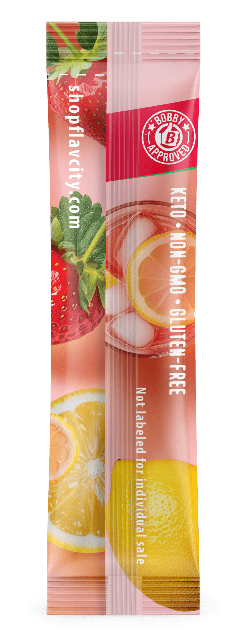 Back view of FlavCity Anytime Essentials Drink Mix Strawberry package, featuring nutrition facts, ingredients list, and preparation instructions on a vibrant red background.