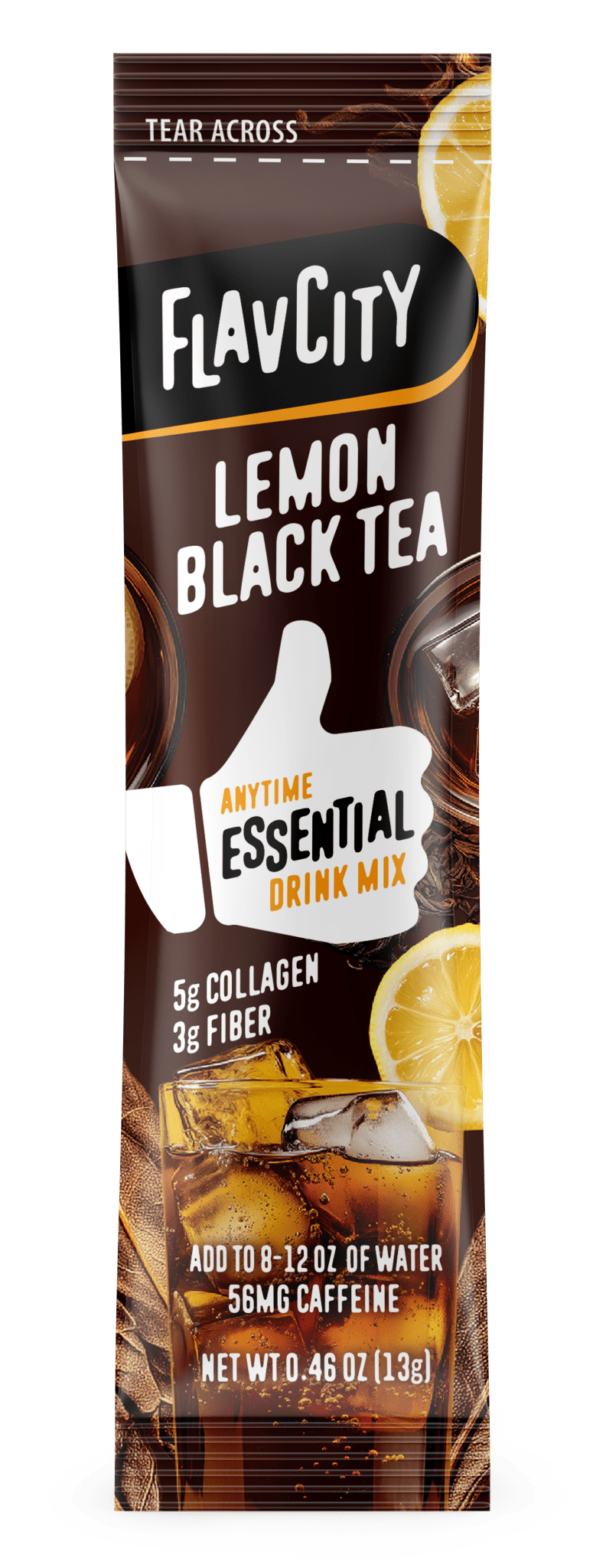 FlavCity Lemon Black Tea drink mix package with lemon slices on a white background