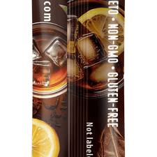 Keto-friendly drink mix package with oranges and a glass of liquid on a white background