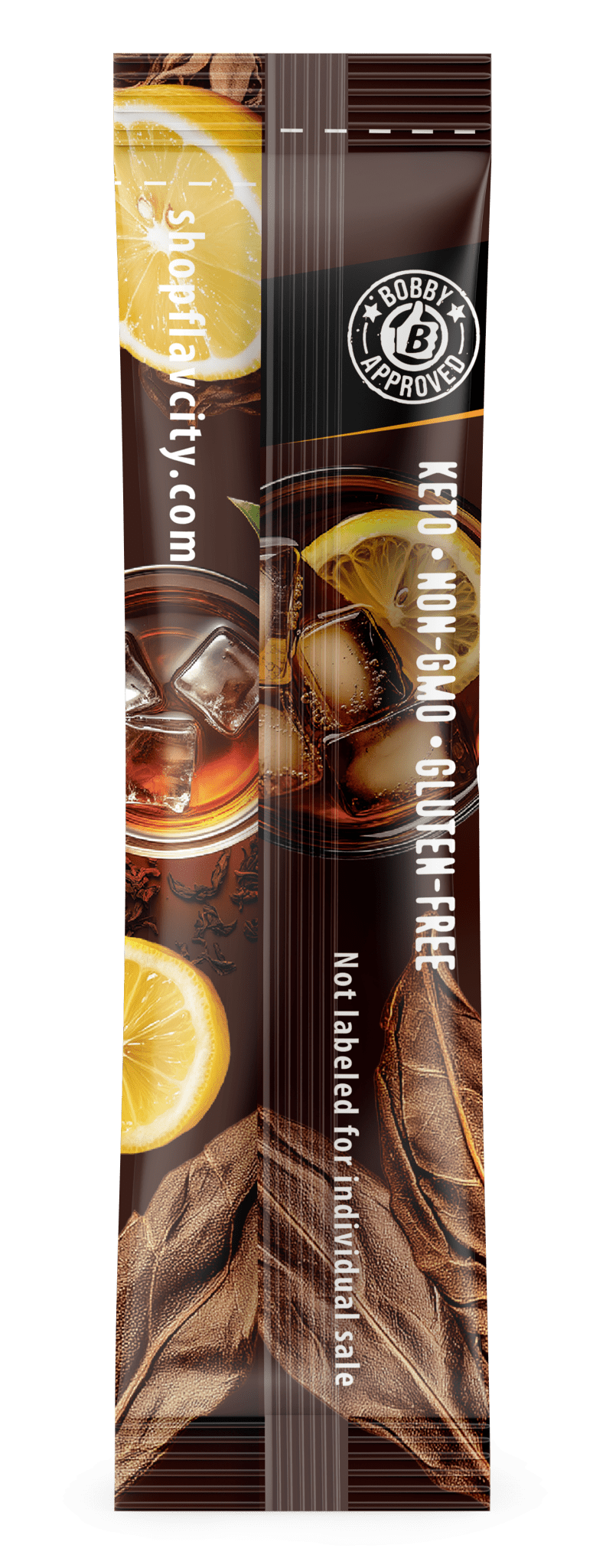 Keto-friendly drink mix package with oranges and a glass of liquid on a white background