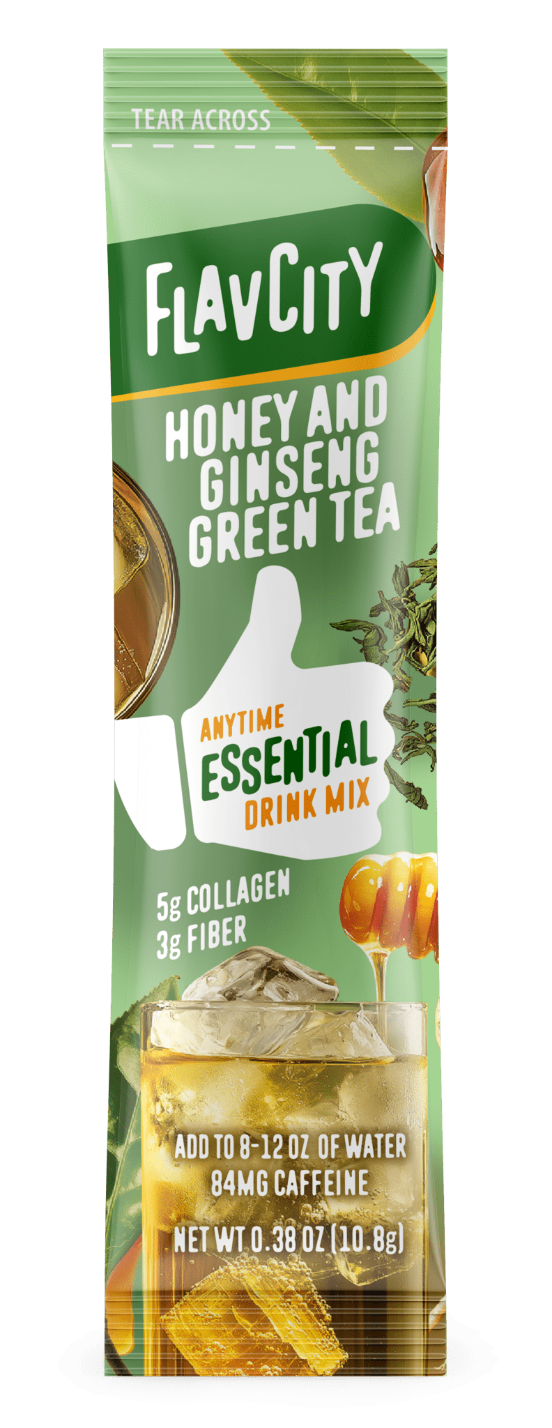 FlavCity honey and ginseng green tea drink mix package on a white background