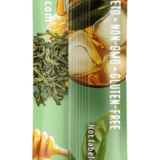 flavcity tea package with images of tea leaves and a teacup on a green background