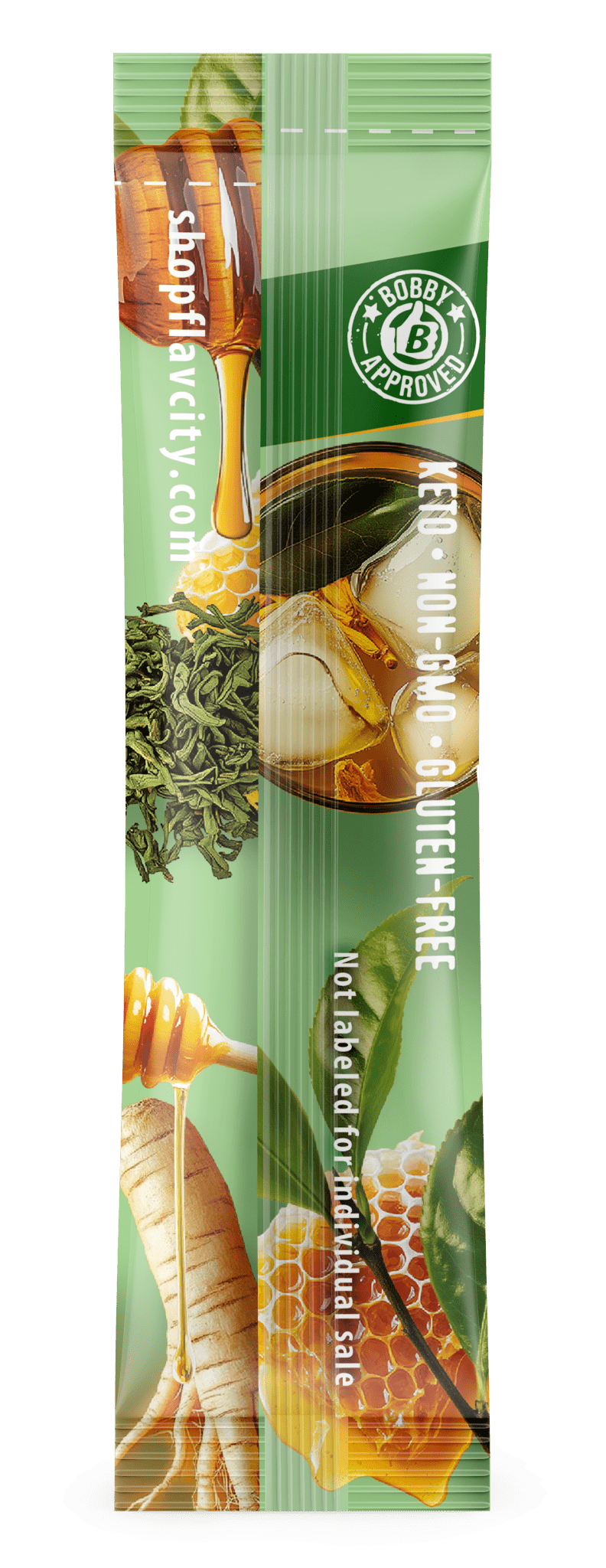flavcity tea package with images of tea leaves and a teacup on a green background