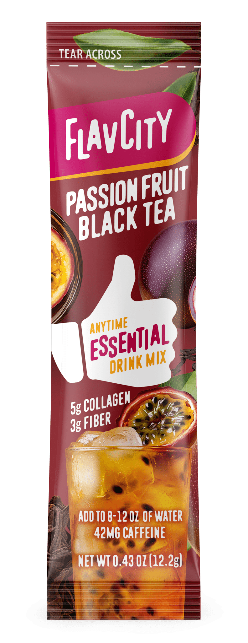 FlavCity Passion Fruit Black Tea drink mix package with images of tea and passion fruit.