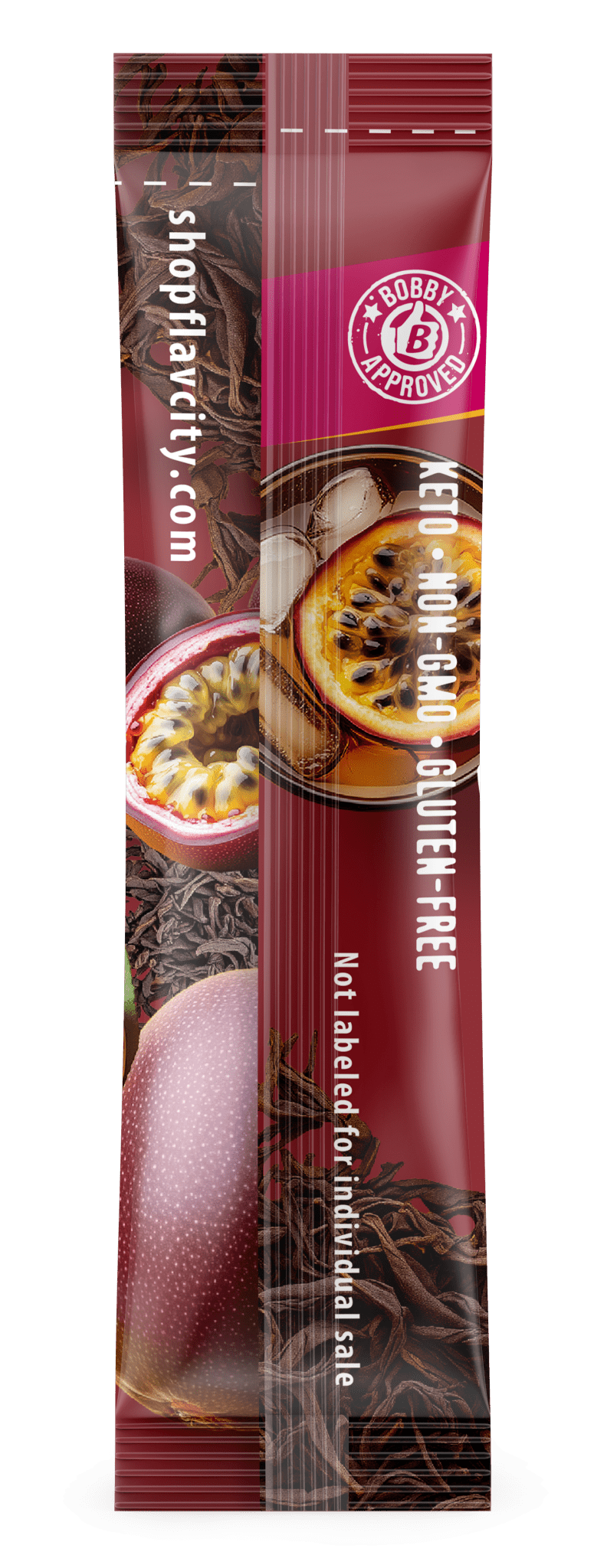 Back view of FlavCity Anytime Essentials Drink Mix Passion Fruit Black Tea package, white background.