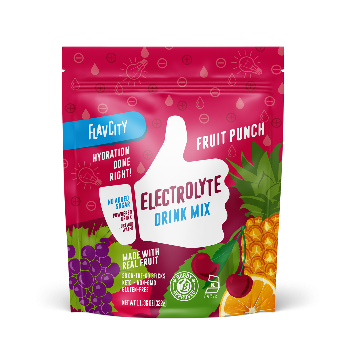 Front of a bag of 'Fruit Punch' flavored electrolyte drink mix, featuring a colorful design with fruit imagery for hydration and energy replenishment.