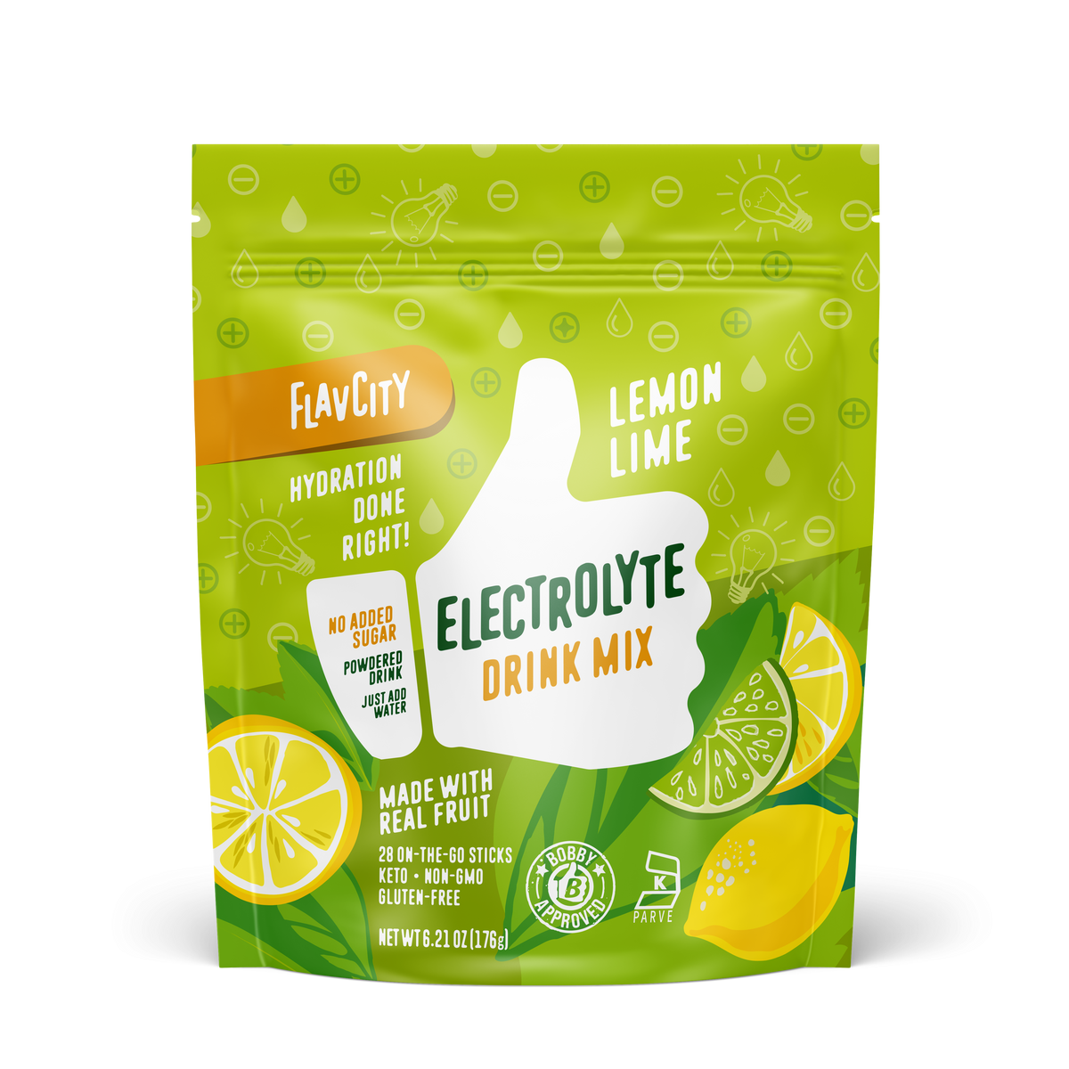 Front of a bag of 'Lemon Lime' flavored electrolyte mix, featuring a bright and citrus-themed design that emphasizes hydration and recovery benefits.