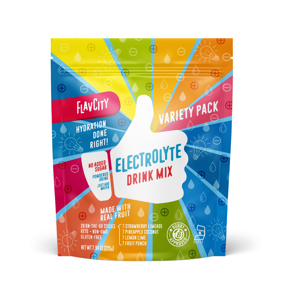 A box of electrolyte drink mix packets in a variety pack, featuring a colorful front design with energy and hydration imagery