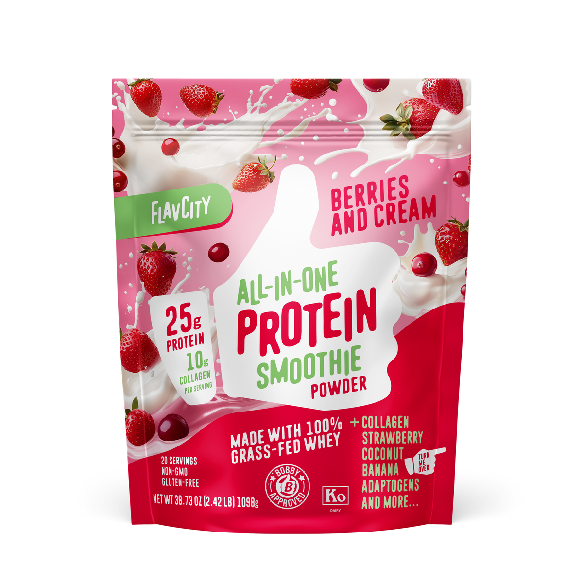 Front of FlavCity Berries and Cream all-in-one protein smoothie powder package showcasing fresh strawberries, cranberries, milk splashes, 25g protein badge on pink gradient background.