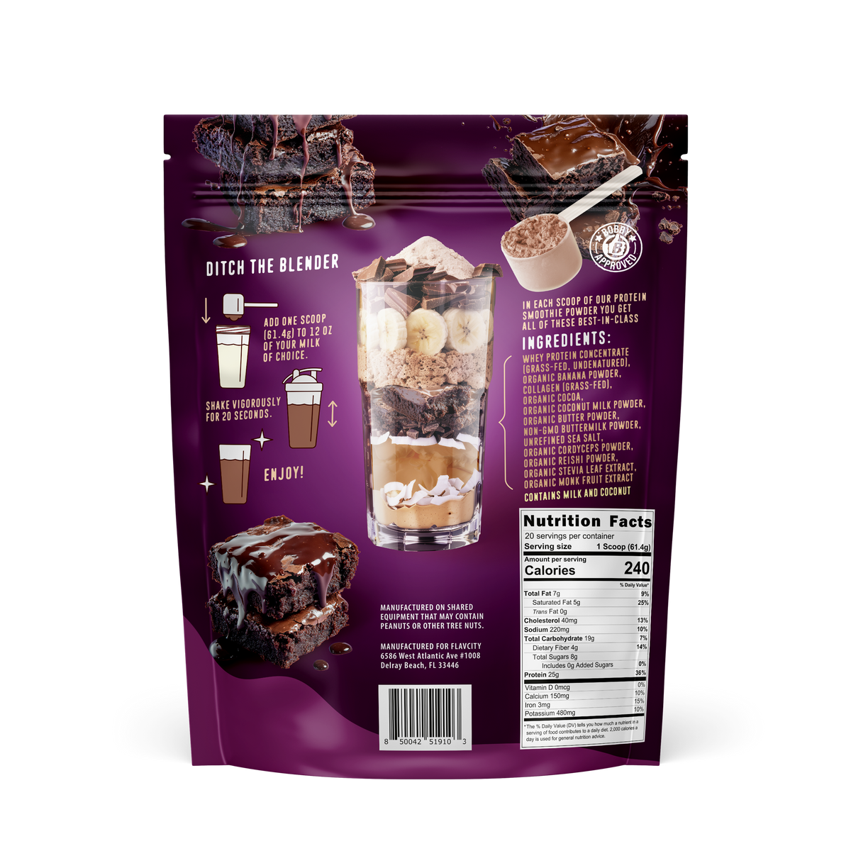 Back of FlavCity Brownie Batter protein smoothie powder package showing nutrition facts, preparation instructions, and chocolate brownie imagery on purple background. Contains 25g protein, 10g collagen per serving.