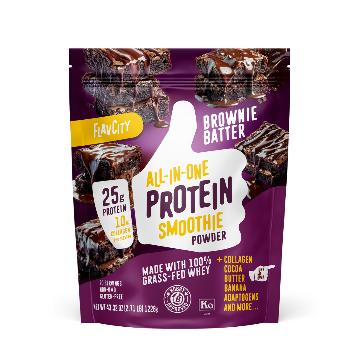 Front of FlavCity Brownie Batter all-in-one protein smoothie powder package featuring dripping chocolate brownies, 25g protein badge, and grass-fed whey certification on purple background.