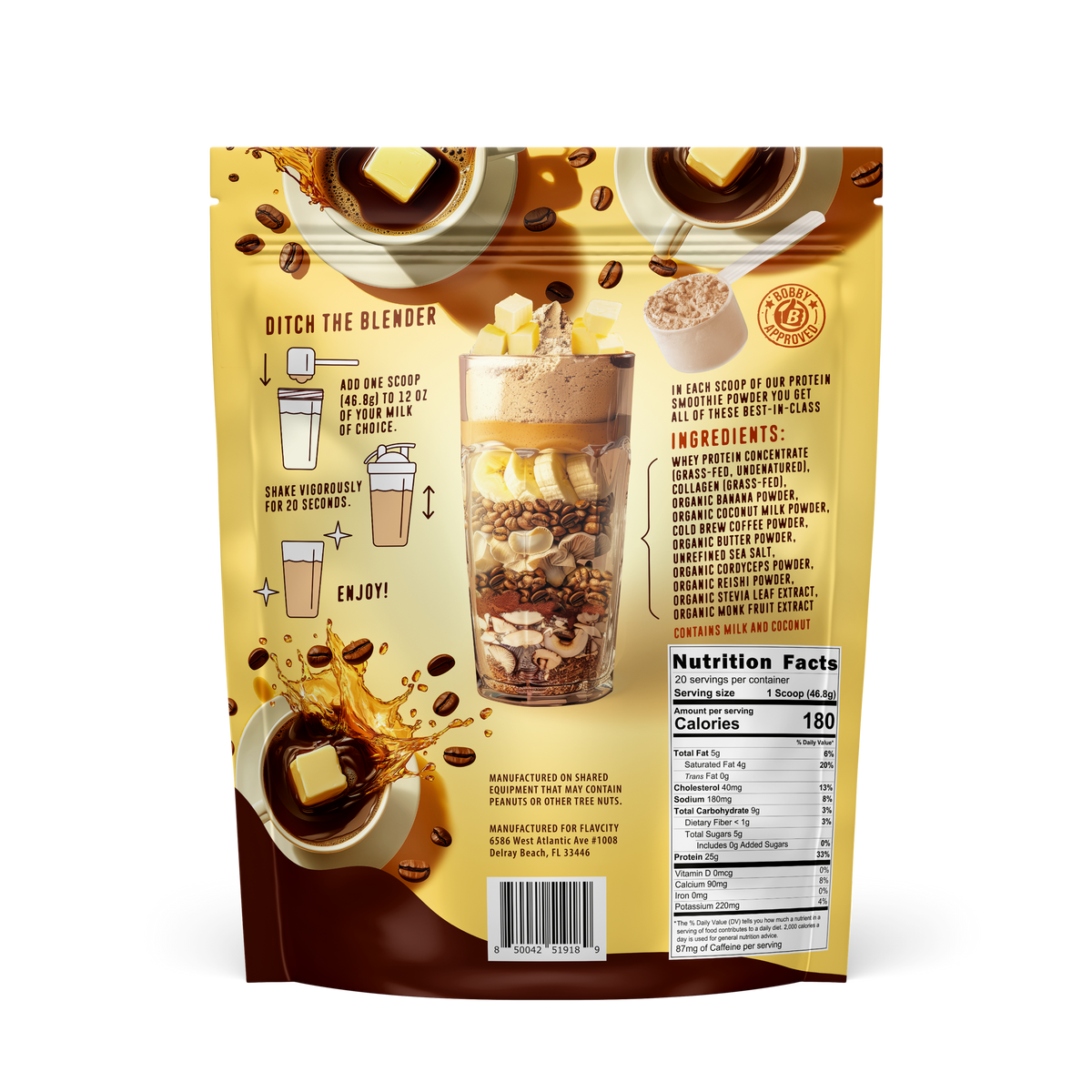 FlavCity all-in-one protein smoothie powder package back showing nutritional information, ingredients list, and preparation instructions with illustration of layered butter coffee smoothie. Contains 180 calories per serving and 25g protein.