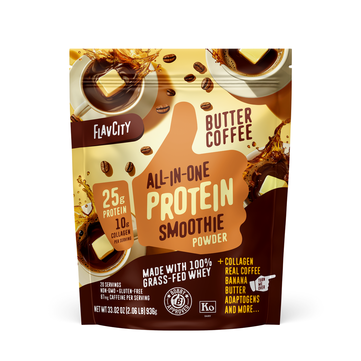 FlavCity butter coffee flavored protein smoothie powder package front featuring coffee beans and butter imagery. Highlights 25g protein, 10g collagen per serving, grass-fed whey, and adaptogen ingredients on brown and gold background.