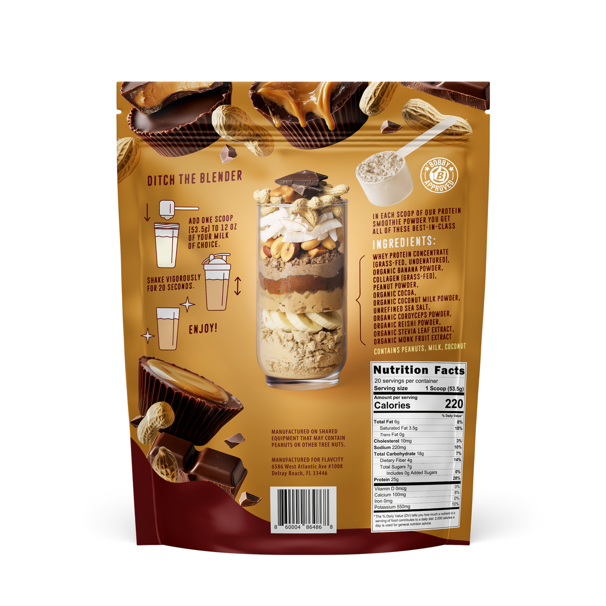 Back of FlavCity Chocolate Peanut Butter protein powder package showing nutritional information, mixing instructions with illustrated steps, and a layered smoothie glass presentation against a golden background