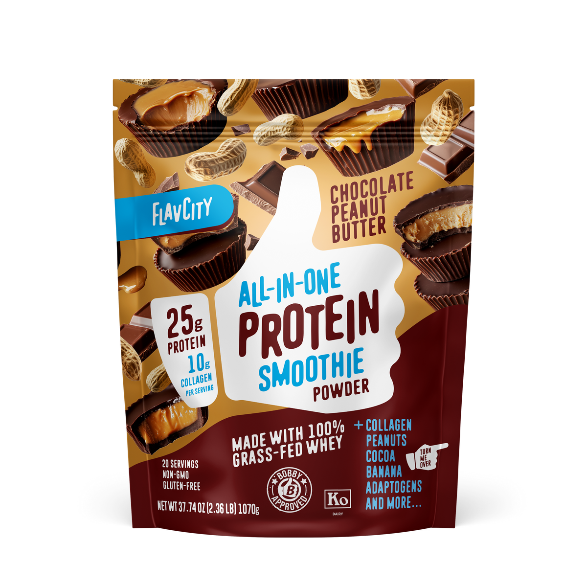 FlavCity All-in-One Protein Smoothie powder in Chocolate Peanut Butter flavor featuring 25g protein and 10g collagen per serving, with floating chocolate cups and peanuts against a golden-brown background