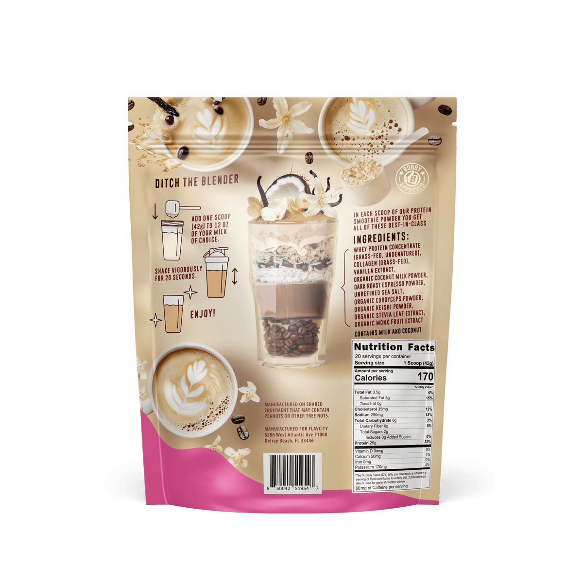 The Shop FlavCity Vanilla Latte Protein Smoothie pouch features illustrated lattes, a Vanilla Latte Protein Smoothie parfait, mixing instructions, an ingredient list, nutrition facts, and branding details on the back.