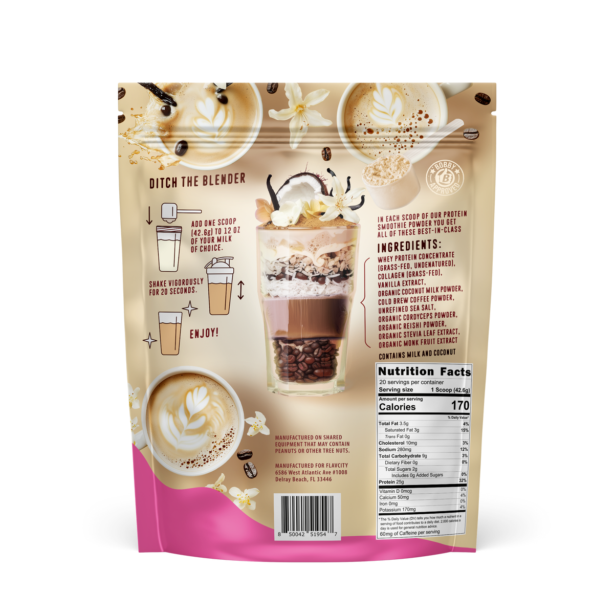 Back of FlavCity Vanilla Latte Protein Smoothie Powder package showing ingredients, usage instructions, and storage information.