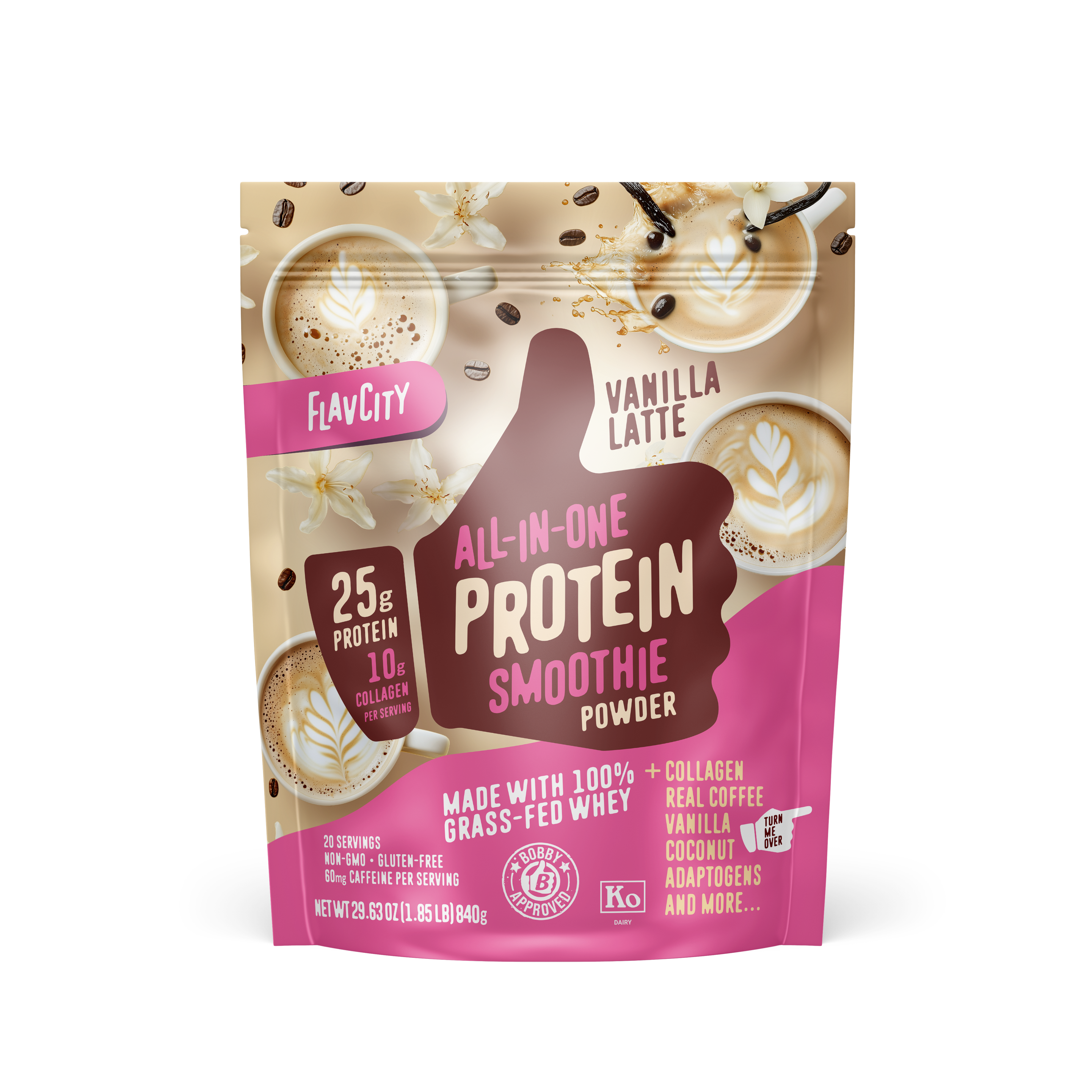 A beige and pink pouch of Shop FlavCity Vanilla Latte Protein Smoothie, packed with 25g protein, 10g collagen, grass-fed whey, coconut, and adaptogens.