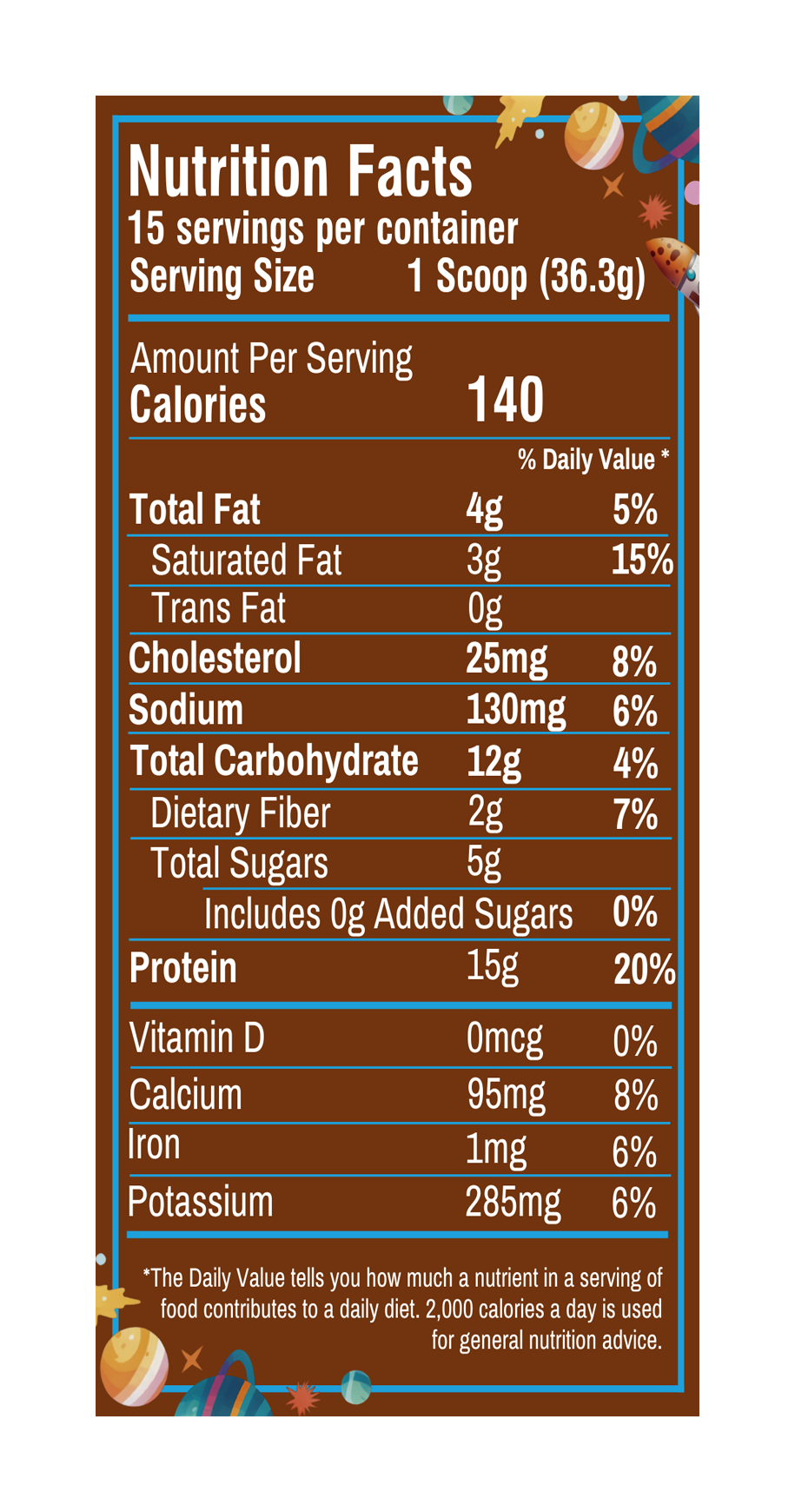 Galactic Brownie Kids Protein Flavor Smoothie bag, nutrition facts