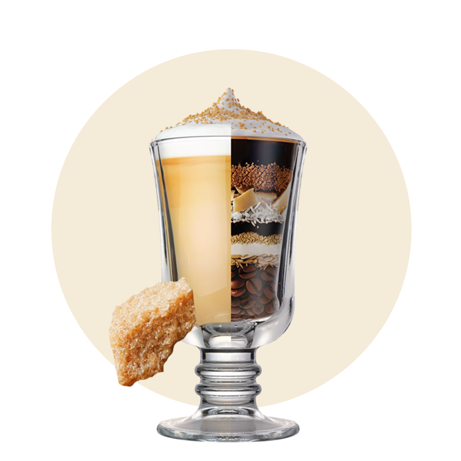 A layered glass dessert shows a split view: one half filled with creamy latte and whipped topping, and the other half displaying coffee beans, sugar, cream, and spices. A sugar crystal is placed on the rim.