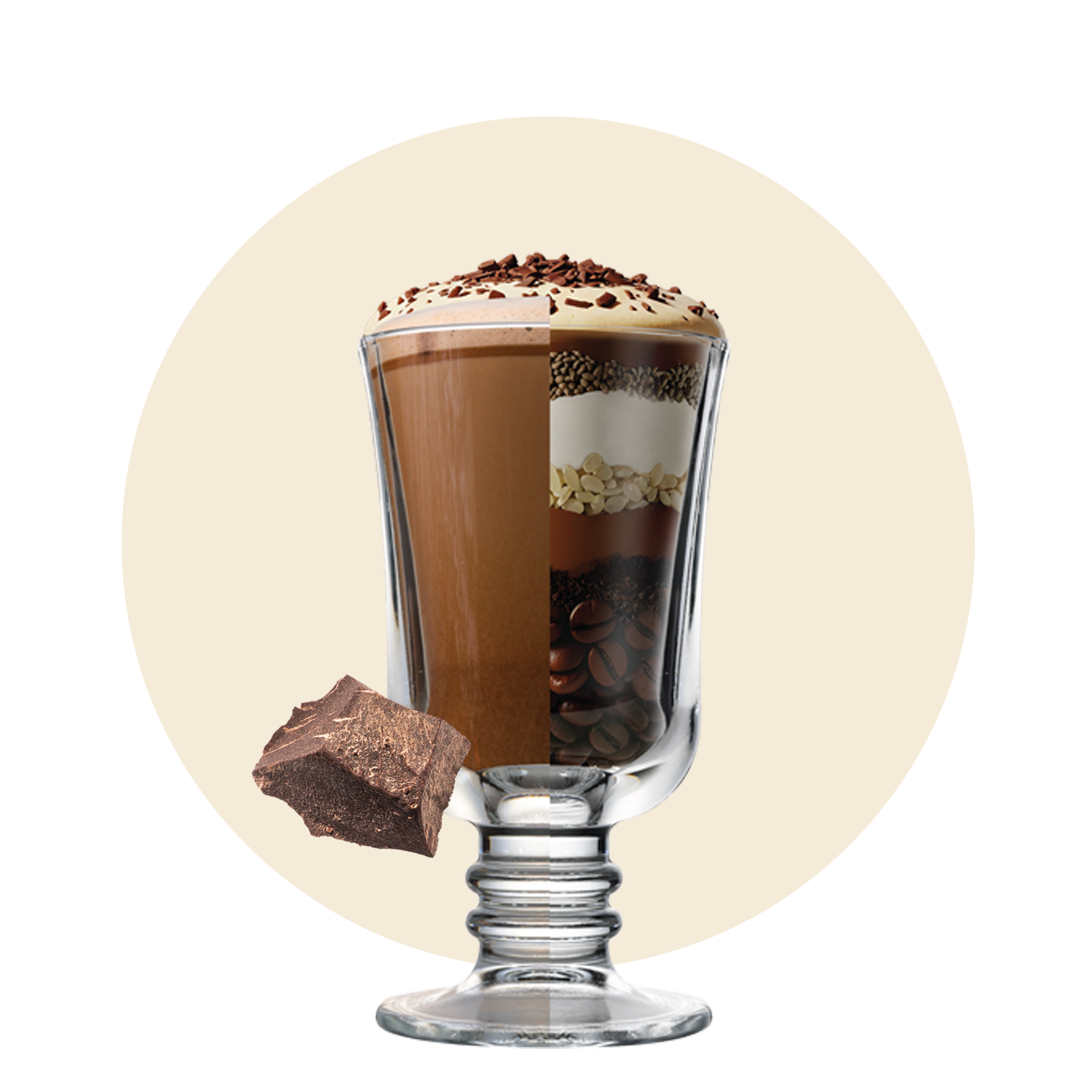 A clear glass goblet filled with layers of coffee beans, chocolate, cream, whipped coffee, chocolate sprinkles, and sliced almonds, with a piece of chocolate beside the glass, set against a light circular background.