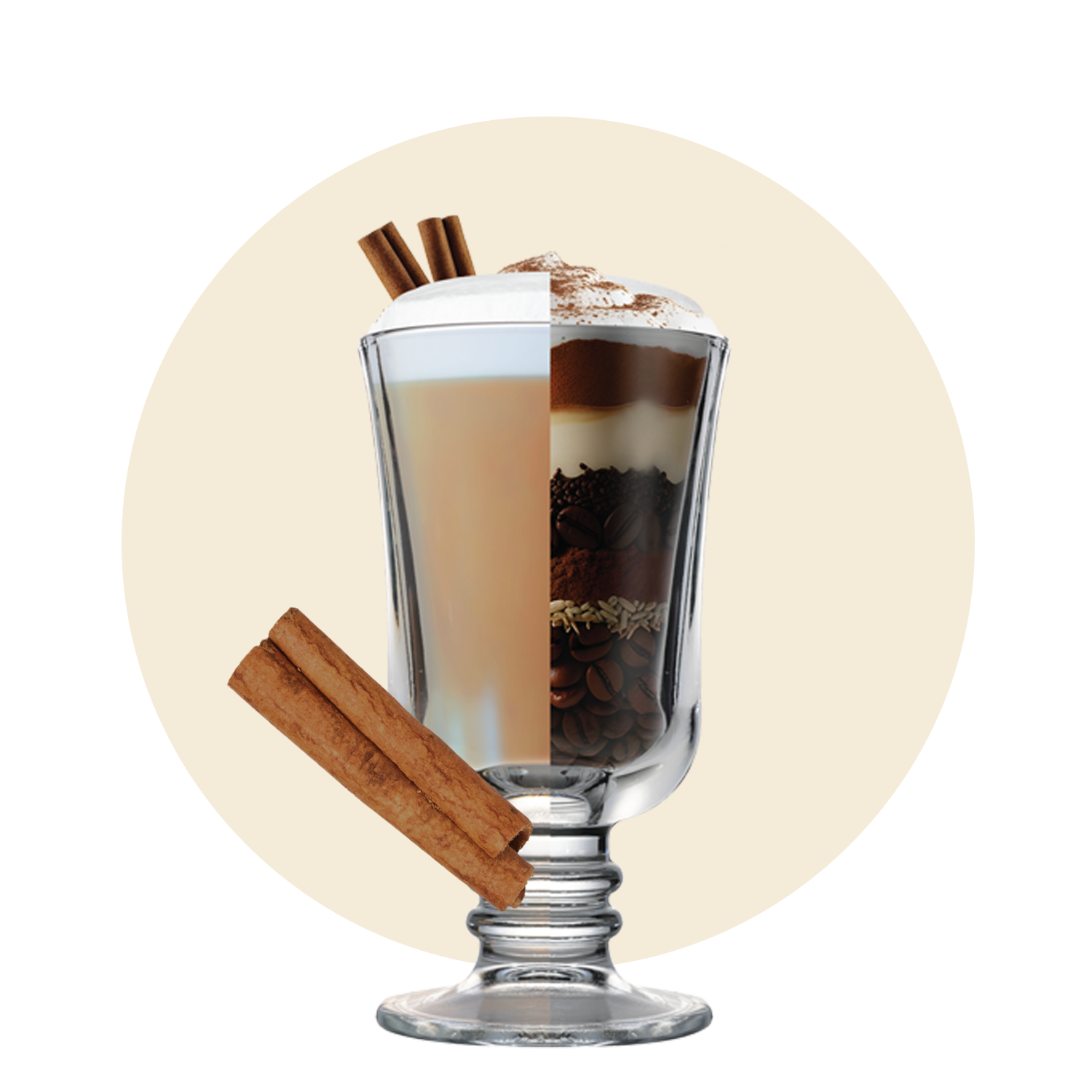 A glass mug split down the middle, with one half showing a latte topped with foam and two cinnamon sticks, and the other half showing a layered coffee drink with cream and chocolate, garnished with cocoa powder. A cinnamon stick lies beside the glass.