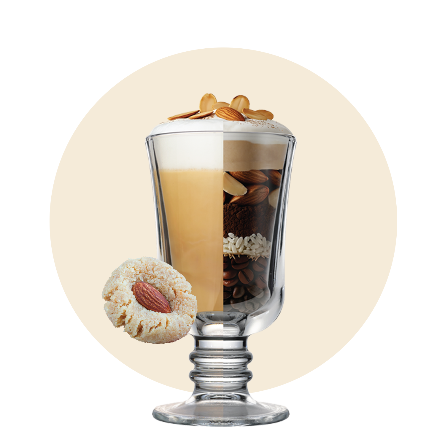 A glass filled half with latte topped with almond slices and half with espresso, coffee beans, sugar, and almonds. An almond cookie is placed in front of the glass, all set against a light circular background.